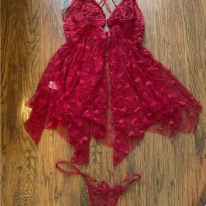 SHEIN Red Heart Lace Babydoll Set